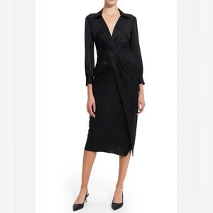 Theory Twist Black Soft Satin Midi Long Sleeve Collared Dress 4